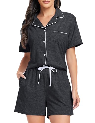 Lovasy Schlafanzug Damen Kurz Baumwolle Pyjama Set Kurzarm Schlafanzüge für Damen mit Knöpfen und Taschen,Dunkelgrau,XXL von Lovasy