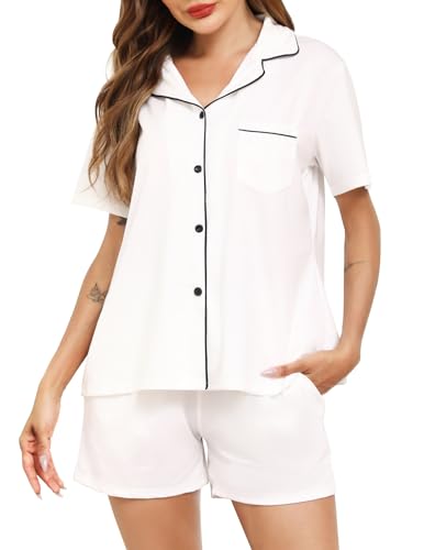 Lovasy Schlafanzug Damen Kurz Baumwolle Pyjama Set Kurzarm Schlafanzüge für Damen mit Knöpfen und Taschen,Weiß,XXL von Lovasy