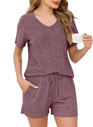 Lovasy Schlafanzug Damen Kurz Geripptes Gestrick V-Ausschnitt Kurzarm Schlafanzüge für Damen Sommer Pyjamas,Weinrot,XL Lovasy Schlafanzug Damen Kurz Geripptes Gestrick V-Ausschnitt Kurzarm Schlafanzüge für Damen Sommer Pyjamas,Weinrot,XL von Lovasy