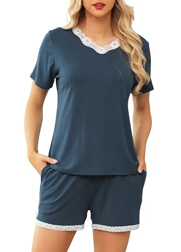 Lovasy Schlafanzug Damen Kurz Kurzarm Pyjama Set V-Ausschnitt Spitzen Schlafanzüge für Damen,Blau,M von Lovasy