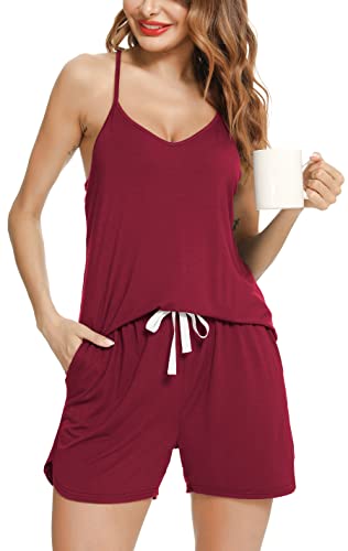 Lovasy Schlafanzug Damen Kurz Ärmellos Shorty Pyjama Damen Set Sexy Schlafanzug Frauen Spaghettiträger Nachtwäsche Loungewear,Weinrot,L von Lovasy