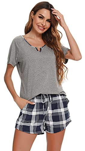 Lovasy Schlafanzug Damen Kurz Pyjama Set Zweiteiler Loungewear Nachtwäsche SchlafanzüGe für Frauen Karierte Schlafhose Stitch Teenager MäDchen Sexy Baumwolle Shorty,grau,L von Lovasy