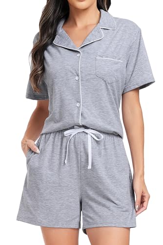 Lovasy Schlafanzug Damen Kurz Baumwolle Pyjama Set Kurzarm Schlafanzüge für Damen mit Knöpfen und Taschen,Hellgrau,L von Lovasy