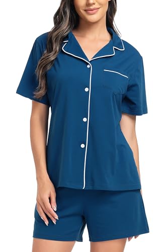 Lovasy Schlafanzug Damen Kurz Baumwolle Pyjama Set Kurzarm Schlafanzüge für Damen mit Knöpfen und Taschen,Kobaltblau,S von Lovasy