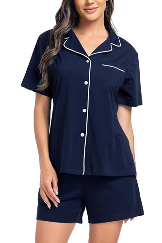 Lovasy Schlafanzug Damen Kurz Baumwolle Pyjama Set Kurzarm Schlafanzüge für Damen mit Knöpfen und Taschen,Marineblau,XL von Lovasy