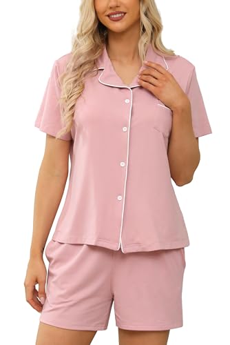 Lovasy Schlafanzug Damen Kurz Baumwolle Pyjama Set Kurzarm Schlafanzüge für Damen mit Knöpfen und Taschen,Rosa,XXL von Lovasy
