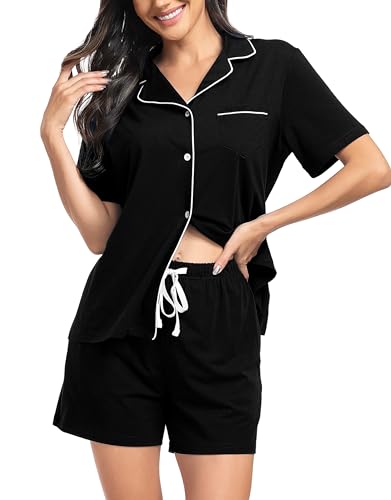 Lovasy Schlafanzug Damen Baumwolle Kurz Pyjama Set Kurzarm Schlafanzüge für Damen mit Knöpfen und Taschen,Schwarz,S von Lovasy