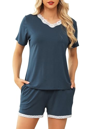 Lovasy Schlafanzug Damen Kurz Kurzarm Pyjama Set V-Ausschnitt Spitzen Schlafanzüge für Damen,Blau,S von Lovasy
