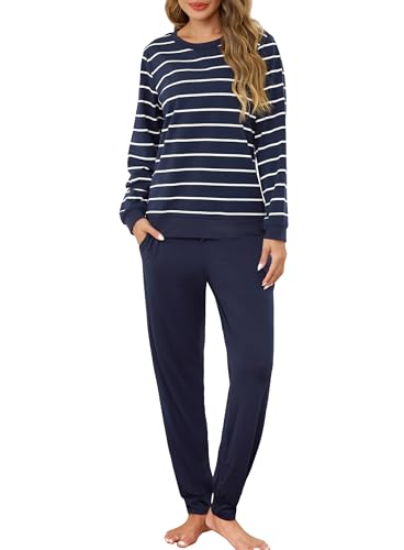 Lovasy Schlafanzug Damen Lang Baumwolle Pyjama Set Langarm Rundhals Winter Gestreift Schlafanzüge für Damen mit Bündchen und Taschen,Blau,S von Lovasy
