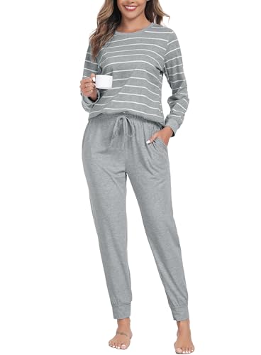 Lovasy Schlafanzug Damen Lang Baumwolle Pyjama Set Langarm Rundhals Winter Gestreift Schlafanzüge für Damen mit Bündchen und Taschen,Grau,M von Lovasy