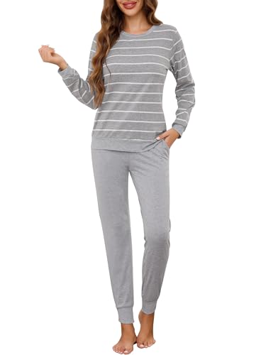 Lovasy Schlafanzug Damen Lang Baumwolle Pyjama Set Langarm Rundhals Winter Gestreift Schlafanzüge für Damen mit Bündchen und Taschen,Grau,XXL von Lovasy