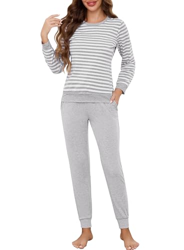 Lovasy Schlafanzug Damen Lang Baumwolle Pyjama Set Langarm Rundhals Winter Gestreift Schlafanzüge für Damen mit Bündchen und Taschen,Hellgrau,L von Lovasy