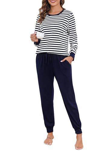 Lovasy Schlafanzug Damen Lang Baumwolle Pyjama Set Langarm Rundhals Winter Gestreift Schlafanzüge für Damen mit Bündchen und Taschen,Marineblau,M von Lovasy