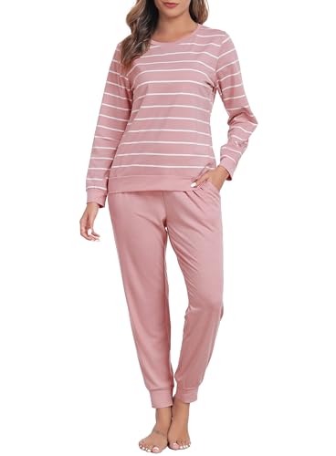 Lovasy Schlafanzug Damen Lang Baumwolle Pyjama Set Langarm Rundhals Winter Gestreift Schlafanzüge für Damen mit Bündchen und Taschen,Rosa,XXL von Lovasy