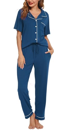 Lovasy Schlafanzug Damen Lang Kurzarm Pyjama mit Knöpfen Schlafanzüge für Damen Zweiteiliger Loungewear Set mit Taschen und Kordelzug,Kobaltblau,M von Lovasy