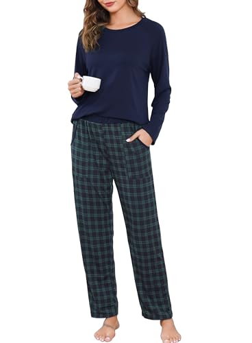 Lovasy Schlafanzug Damen Lang Schlafanzughose Kariert Pyjama Set Langarm Rundhals Winter Schlafanzüge für Damen Zweiteiliger mit Taschen und Kordelzug,Dunkelgrün,L Lovasy Schlafanzug Damen Lang Schlafanzughose Kariert Pyjama Set Langarm Rundhals Winter Schlafanzüge für Damen Zweiteiliger mit Taschen und Kordelzug,Dunkelgrün,L von Lovasy