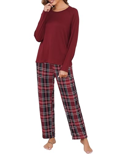Lovasy Schlafanzug Damen Lang Schlafanzughose Karierte Pyjama Set Langarm Rundhals Winter Schlafanzüge für Damen Zweiteiliger mit Taschen,Dunkelrot,M von Lovasy
