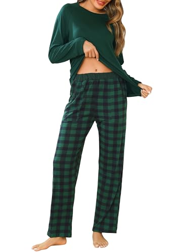 Lovasy Schlafanzug Damen Lang Schlafanzughose Karierte Pyjama Set Langarm Rundhals Winter Schlafanzüge für Damen Zweiteiliger mit Taschen,Grün,L von Lovasy