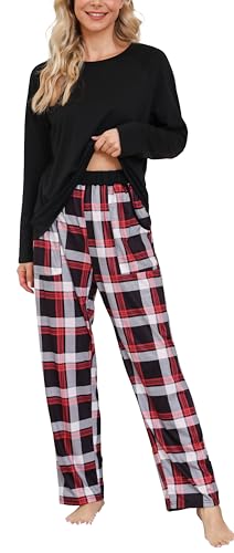Lovasy Schlafanzug Damen Lang Schlafanzughose Karierte Pyjama Set Langarm Rundhals Winter Schlafanzüge für Damen Zweiteiliger mit Taschen,Schwarz,XXL von Lovasy