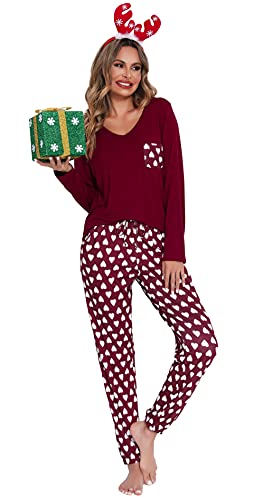Lovasy Schlafanzug Damen Lang Winter Langarm Schlafanzüge für Damen Zweiteiliger Pyjama Set Loungewear mit Taschen und Bündchen,Weinrot,L von Lovasy