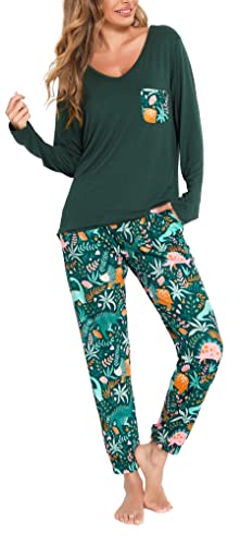 Lovasy Schlafanzug Damen Lang Winter Langarm Schlafanzüge für Damen Zweiteiliger Pyjama Set Loungewear mit Taschen und Bündchen,Grün,S von Lovasy