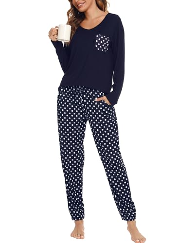 Lovasy Schlafanzug Damen Lang Winter Langarm Schlafanzüge für Damen Zweiteiliger Pyjama Set Loungewear mit Taschen und Bündchen,Marineblau,XXL von Lovasy