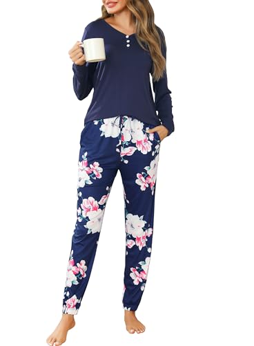 Lovasy Schlafanzug Damen Lang Winter Langarm Schlafanzüge für Damen Zweiteiliger Pyjama Set Loungewear mit Taschen und Bündchen,Marineblau Blumen,L von Lovasy