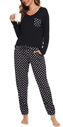 Lovasy Schlafanzug Damen Lang Winter Langarm Schlafanzüge für Damen Zweiteiliger Pyjama Set Loungewear mit Taschen und Bündchen,Schwarz,XL von Lovasy