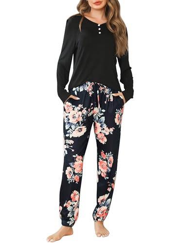 Lovasy Schlafanzug Damen Lang Winter Langarm Schlafanzüge für Damen Zweiteiliger Pyjama Set Loungewear mit Taschen und Bündchen,Schwarze Blumen,M von Lovasy