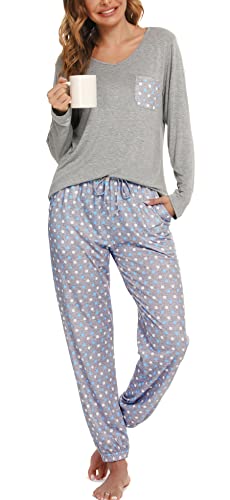 Lovasy Schlafanzug Damen Lang Winter Langarm Schlafanzüge für Damen Zweiteiliger Pyjama Set Loungewear mit Taschen und Bündchen,Grau,XL von Lovasy