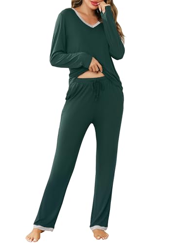 Lovasy Schlafanzug Damen Lang Winter Pyjama Set V-Ausschnitt Damenschlafanzug Langarm Loungewear Hausanzug mit Kordelzug und Taschen,Grün,XXL von Lovasy
