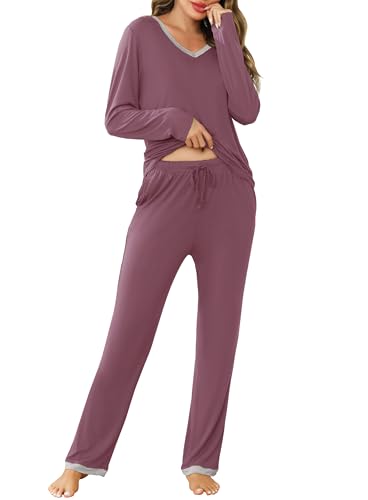 Lovasy Schlafanzug Damen Lang Winter Pyjama Set V-Ausschnitt Damenschlafanzug Langarm Loungewear Hausanzug mit Kordelzug und Taschen,Hellviolett,L von Lovasy