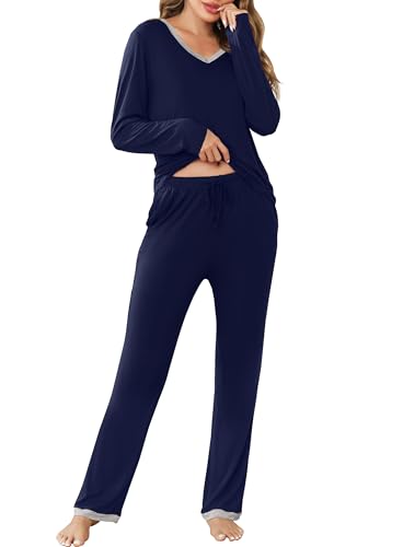 Lovasy Schlafanzug Damen Lang Winter Pyjama Set V-Ausschnitt Damenschlafanzug Langarm Loungewear Hausanzug mit Kordelzug und Taschen,Marineblau,XXL von Lovasy