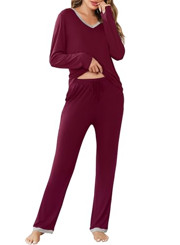 Lovasy Schlafanzug Damen Lang Winter Pyjama Set V-Ausschnitt Damenschlafanzug Langarm Loungewear Hausanzug mit Kordelzug und Taschen,Weinrot,M von Lovasy