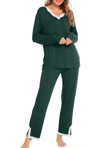Lovasy Schlafanzug Damen Lang Winter Pyjama Set V-Ausschnitt Spitzen Schlafanzüge für Damen Langarm Loungewear Hausanzug,Dunkelgrün,L von Lovasy