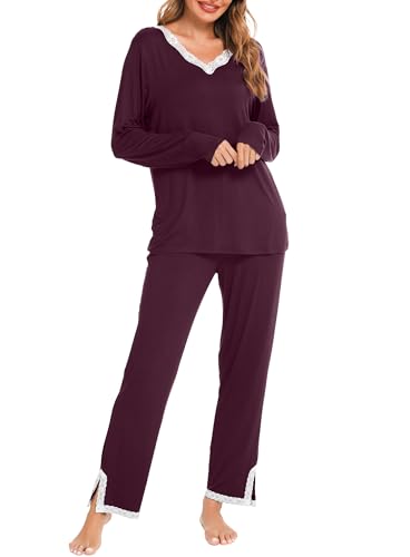 Lovasy Schlafanzug Damen Lang Winter Pyjama Set V-Ausschnitt Spitzen Schlafanzüge für Damen Langarm Loungewear Hausanzug,Dunkelrot,XL von Lovasy