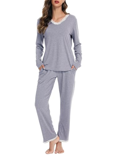 Lovasy Schlafanzug Damen Lang Winter Pyjama Set V-Ausschnitt Spitzen Schlafanzüge für Damen Langarm Loungewear Hausanzug,Hellgrau,S von Lovasy