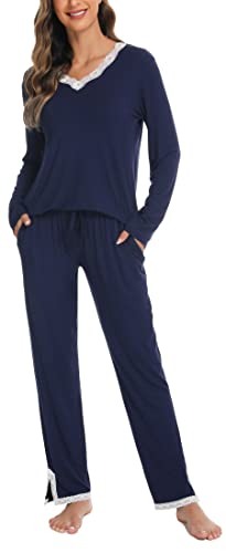 Lovasy Schlafanzug Damen Lang Winter Pyjama Set V-Ausschnitt Spitzen Schlafanzüge für Damen Langarm Loungewear Hausanzug,Marineblau,L von Lovasy