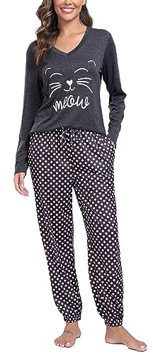 Lovasy Schlafanzug Damen Lang Winter Pyjama Set für Damen Zweiteiler Lange Hose mit Taschen und Bündchen,Grau,S von Lovasy