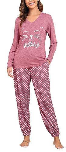 Lovasy Schlafanzug Damen Lang Winter Pyjama Set für Damen Zweiteiler Lange Hose mit Taschen und Bündchen,Rosa,M von Lovasy