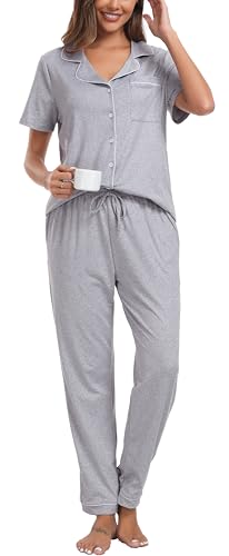 Lovasy Schlafanzug Damen Lang Winter Pyjama Set mit Knopfleiste Kurzarm Schlafanzüge für Damen Zweiteiliger Loungewear Hausanzug mit Taschen,Blasses Florales Grau,L von Lovasy