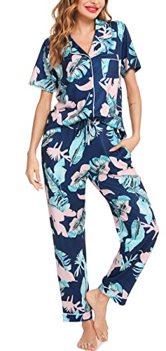 Lovasy Schlafanzug Damen Lang Winter Pyjama Set mit Knopfleiste Kurzarm Schlafanzüge für Damen Zweiteiliger Loungewear Hausanzug mit Taschen,Blaue Blume,XXL von Lovasy