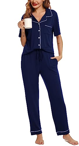 Lovasy Schlafanzug Damen Lang Kurzarm Pyjama mit Knöpfen Schlafanzüge für Damen Zweiteiliger Loungewear Set mit Taschen und Kordelzug,Marineblau,XXL von Lovasy
