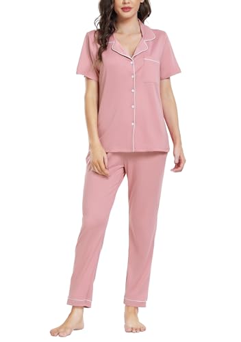 Lovasy Schlafanzug Damen Lang Pyjama Set mit Knopfleiste Kurzarm Schlafanzüge für Damen Zweiteiliger Loungewear Hausanzug mit Taschen,Rosa,XL von Lovasy