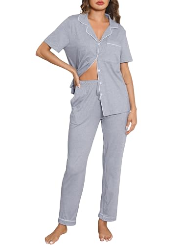 Lovasy Schlafanzug Damen Lang Kurzarm Pyjama mit Knöpfen Schlafanzüge für Damen Zweiteiliger Loungewear Set mit Taschen und Kordelzug,Hellgrau,M von Lovasy