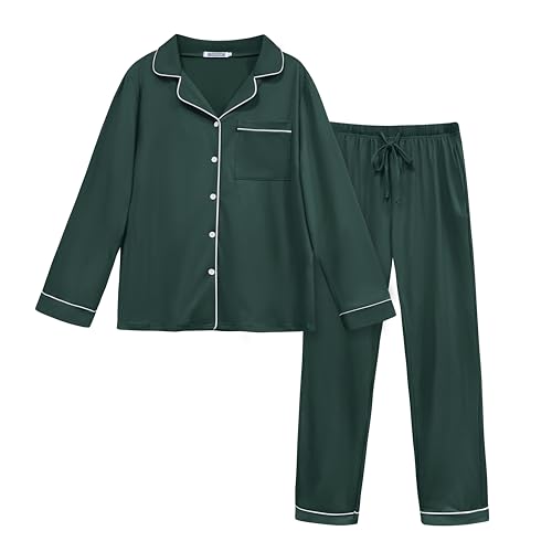 Lovasy Schlafanzug Damen Lang Winter Pyjama mit Knöpfen 2-Teilig Langarm Schlafanzüge für Damen Loungewear Set mit Taschen und Kordelzug,Dunkelgrün,XXL von Lovasy