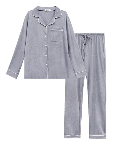 Lovasy Schlafanzug Damen Lang Winter Pyjama mit Knöpfen 2-Teilig Langarm Schlafanzüge für Damen Loungewear Set mit Taschen und Kordelzug,Grau,XXL von Lovasy