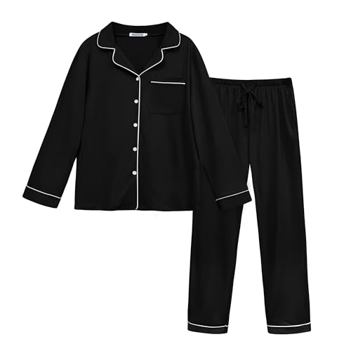 Lovasy Schlafanzug Damen Lang Winter Pyjama mit Knöpfen 2-Teilig Langarm Schlafanzüge für Damen Loungewear Set mit Taschen und Kordelzug,Schwarz,S Lovasy Schlafanzug Damen Lang Winter Pyjama mit Knöpfen 2-Teilig Langarm Schlafanzüge für Damen Loungewear Set mit Taschen und Kordelzug,Schwarz,S von Lovasy