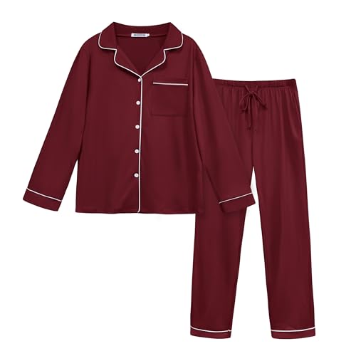Lovasy Schlafanzug Damen Lang Winter Pyjama mit Knöpfen 2-Teilig Langarm Schlafanzüge für Damen Loungewear Set mit Taschen und Kordelzug,Weinrot,S von Lovasy