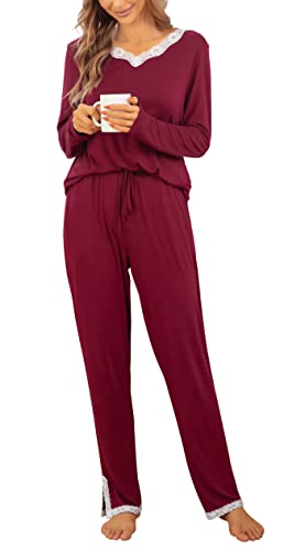 Lovasy Schlafanzüge für Damen Winter Lang Pyjama Set V-Ausschnitt Spitzen Damenschlafanzug Langarm Loungewear Damen Set Weich kuschel Hausanzug,Weinrot,S von Lovasy